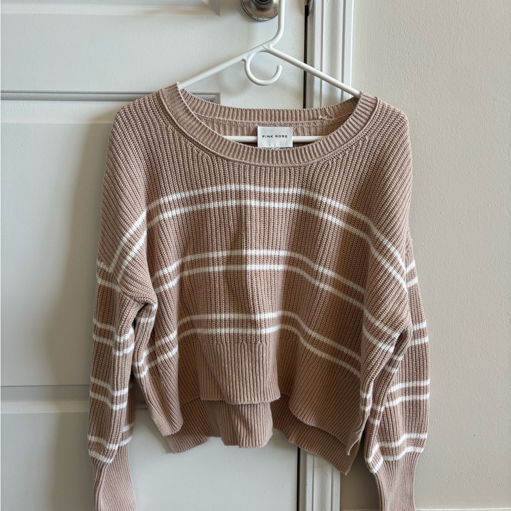 Pink Rose Taupe & White Striped Crewneck Sweater
